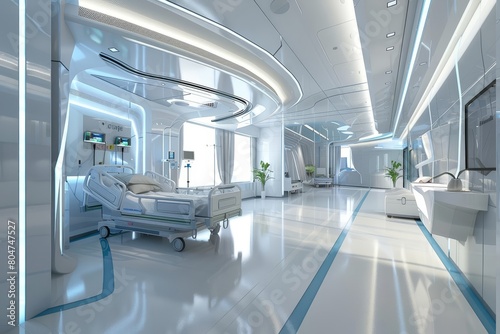 Design a futuristic hospital room that promotes healing, with soft lighting, calming colors, and nature-inspired elements