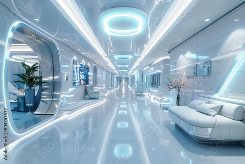 Futuristic hospital interior with curved walls and bright lighting.