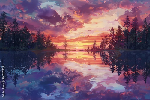 Craft a digital masterpiece portraying a serene lake at sunset