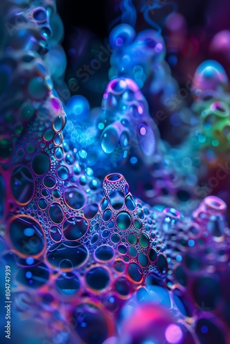 Craft a stunning image of a reactive compound under a microscope, showcasing intricate molecular structures, glowing with neon colors, set against a dark, mysterious background