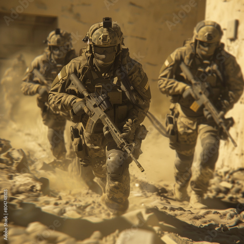 Soldiers Advancing Through a Dust Storm in Hostile Terrain
