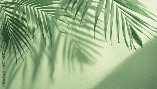 elegant pale green summer background tropical palm foliage shade silhouette on textured wall sustainable design template with sun light shadows