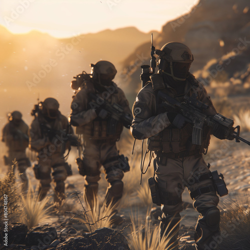 Military Team on a Sunrise March Through Rocky Desert Terrain 