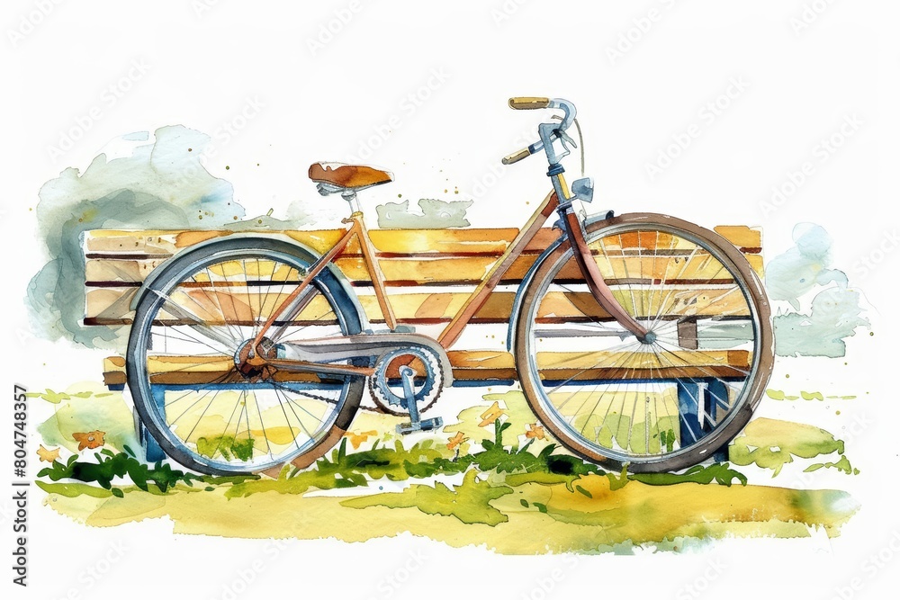 A watercolor painting of a vintage bicycle leaning against a park bench