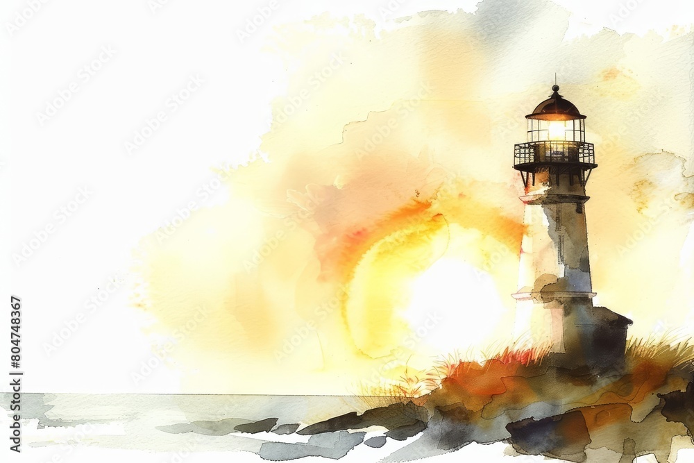 Create a watercolor painting of a lighthouse at sunset