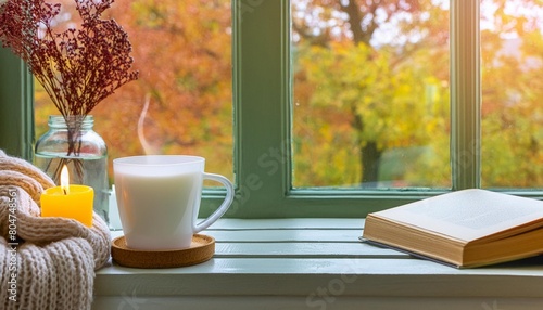 cup of coffee and candle by a window with a view to autumn trees cozy hygge atmosphere with book cozy autumn day vertical banner with copy space for instagram story