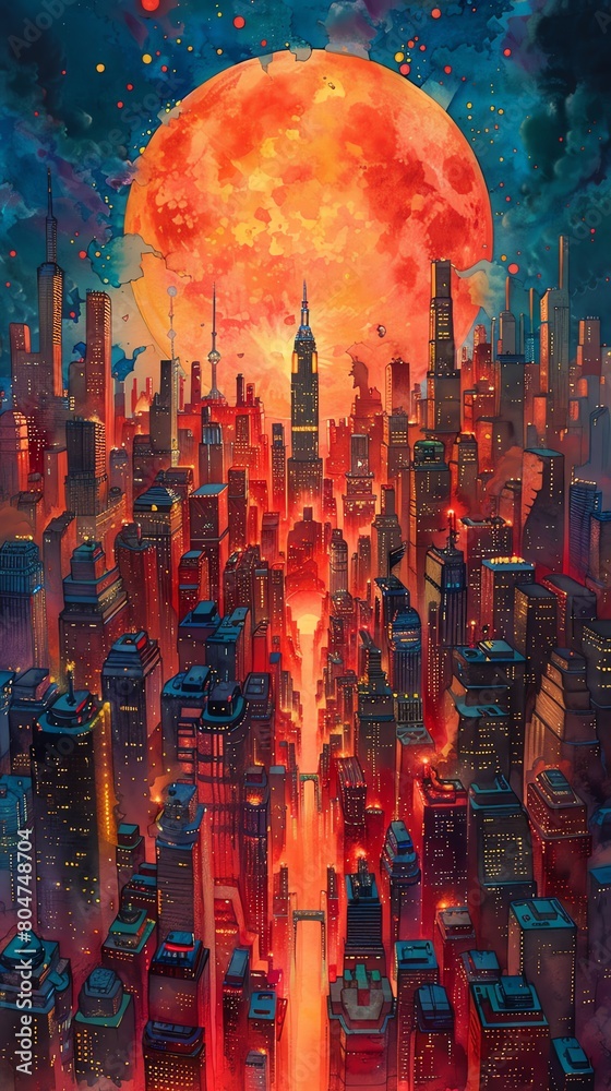 A painting of a city with a large moon in the background