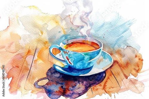 A watercolor painting of a blue cup of coffee on a saucer. The coffee is steaming and there is a colorful abstract background.