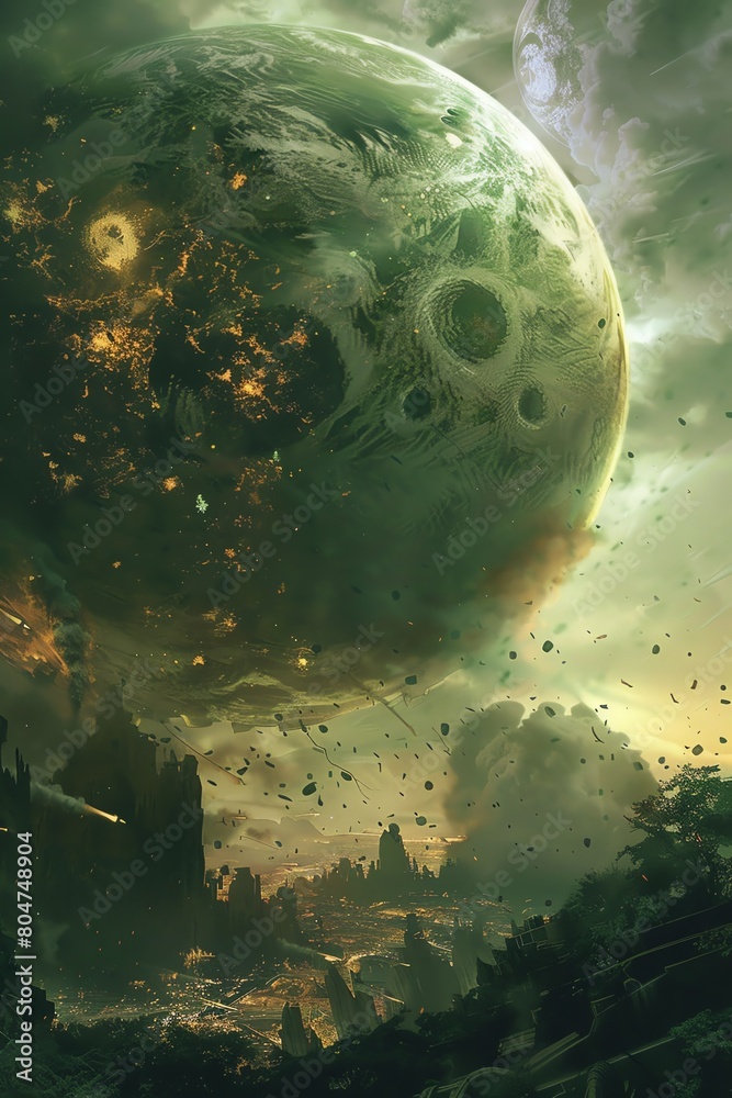 Fototapeta premium A green planet hangs in the sky over a ruined city