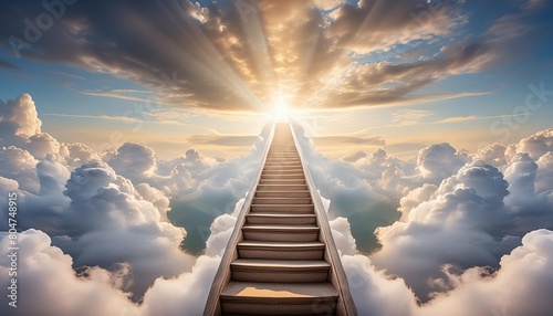 stairway leading up to a divine light in clouds this intriguing image depicts a stairway winding up to a celestial realm in a contrasting scene of serenity and turmoil in the clouds photo