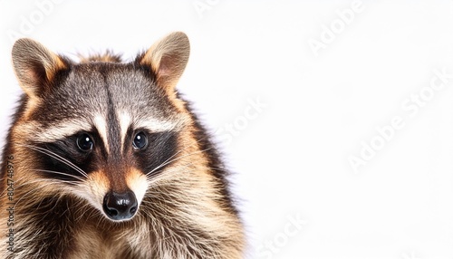 portrait of a cute funny raccoon closeup isolated on a white background © Yesenia
