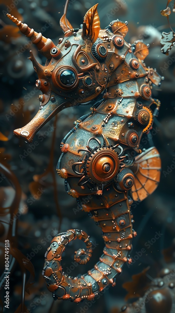 A steampunk style illustration of a mechanical seahorse