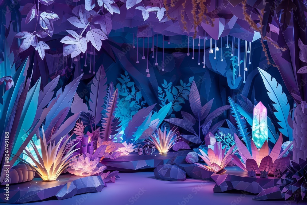 Fototapeta premium Create a magical 3D illustration of a lush cavern filled with glowing crystals and exotic plants