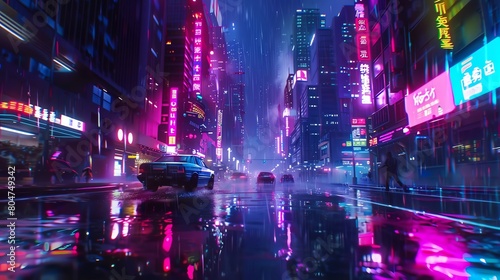 Imagine a futuristic cityscape bathed in neon lights