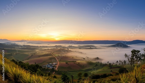 the beautiful of the natural and the mist environment during sunrise and sunset at khao takhian ngo view point khao kho district phetchabun province in thailand photo