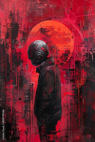 A dark figure stands in a red post-apocalyptic landscape. The figure is wearing a helmet and a long coat. The background is a red moon and a ruined city.