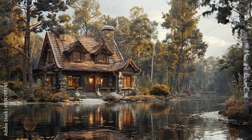 a house on the bank of river  in forest  cinematic  realistic  photo realistc  hyperdetailed