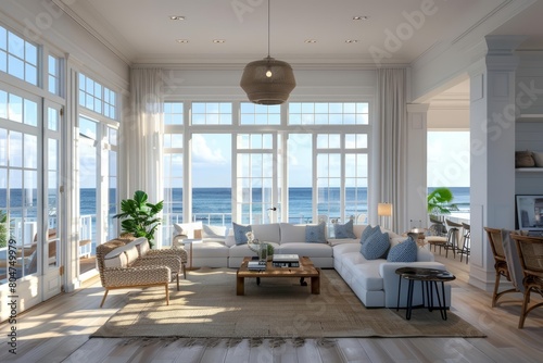 Design a modern beach house living room with white walls, large windows, hardwood floors, and a large comfortable couch facing the ocean