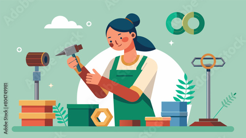In a small studio a jeweler carefully hammers out recycled metal into dainty and sustainable stacking rings promoting the beauty of sustainable. Vector illustration