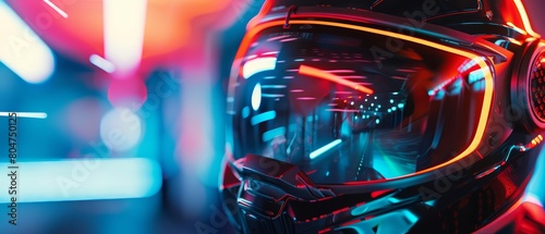 An astronaut's helmet with a reflection of a futuristic city photo