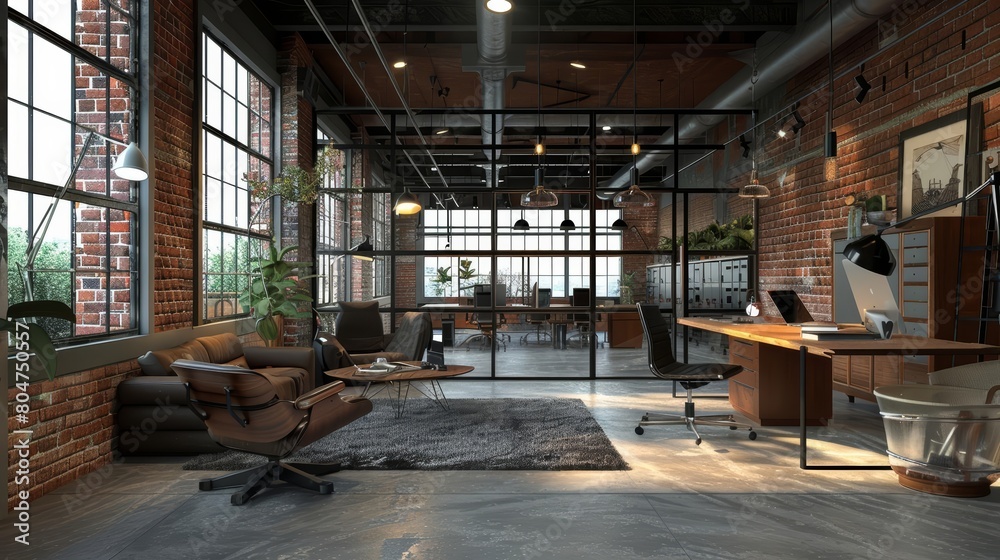 Create a professional office space with exposed brick walls, large windows, and a modern industrial feel Create a professional office space with exposed brick walls, large windows, and a modern industrial feel