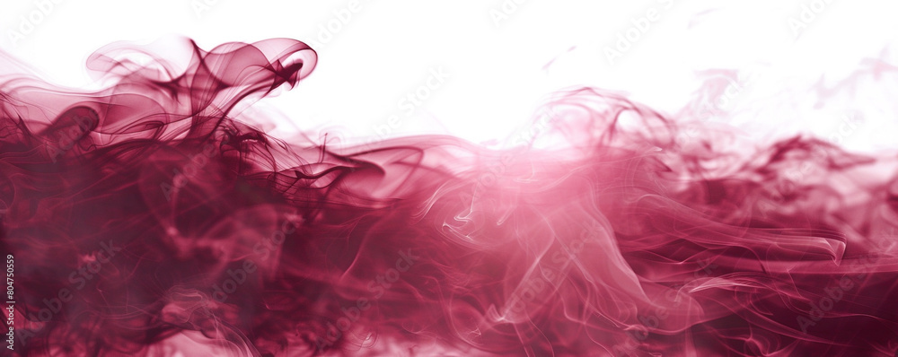 Rich burgundy smoke abstract background wafts above a bright white background.
