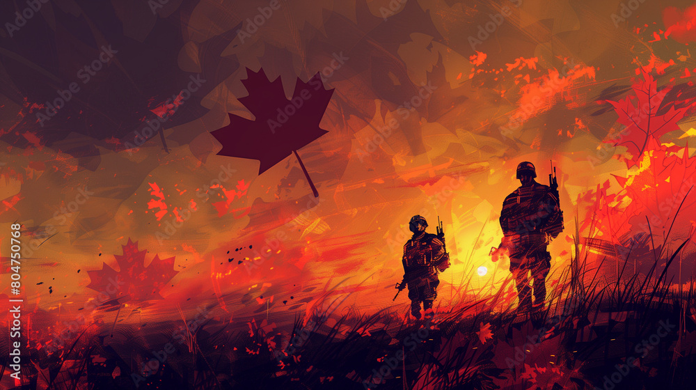 Canadian Soldiers Marching Under the Maple Leaf