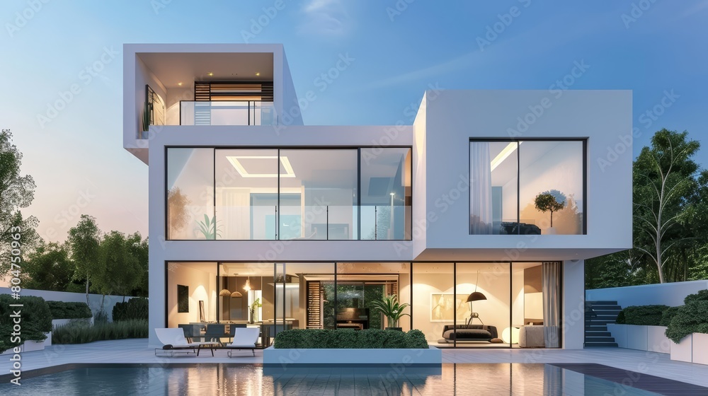Design a modern house with a pool. The house should be white and have a lot of glass windows. It should look futuristic and have a minimalist design. Design a modern house with a pool. The house should be white and have a lot of glass windows. It should look futuristic and have a minimalist design.