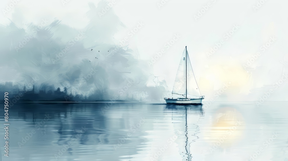 A lonely sailboat sits on a still sea. The sky is grey and cloudy. The water is a deep blue. The boat is white with a single sail. It is anchored in place.