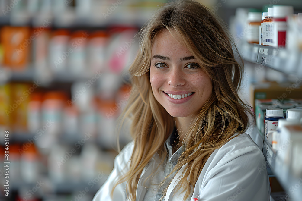young  woman pharmacist smiling confidently standing at the pharmacy