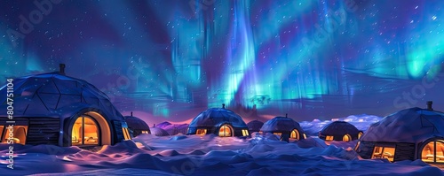 nightscape with glowing dome structures under the majestic dance of the Northern lights.