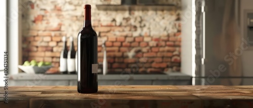 A bottle of red wine sits on a wooden table in a modern kitchen