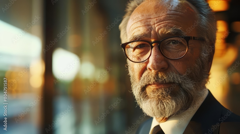 A distinguished elderly man with a salt-and-pepper beard and mustache, wearing glasses, and a suit, stands in a modern office building, looking thoughtful and confident. A distinguished elderly man with a salt-and-pepper beard and mustache, wearing glasses, and a suit, stands in a modern office building, looking thoughtful and confident.