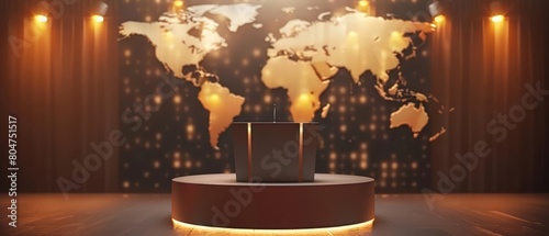 The stage podium of international diplomacy hosts mockup discussions on a showroom pedestal