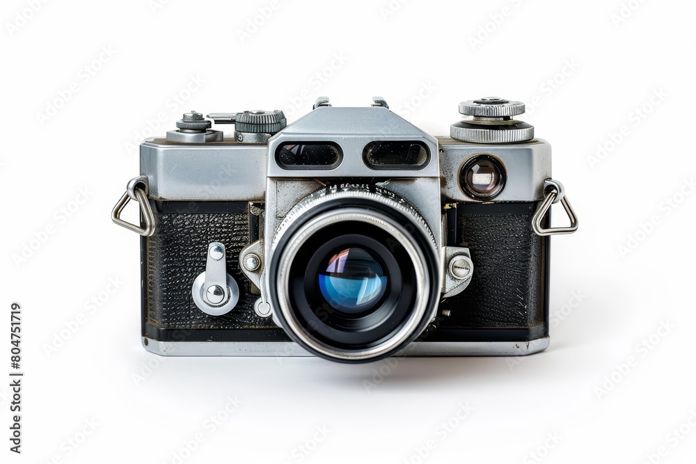 A detailed illustration of a vintage camera with a silver body and black leather accents. The camera is in focus and there is a slight blur to the background.
