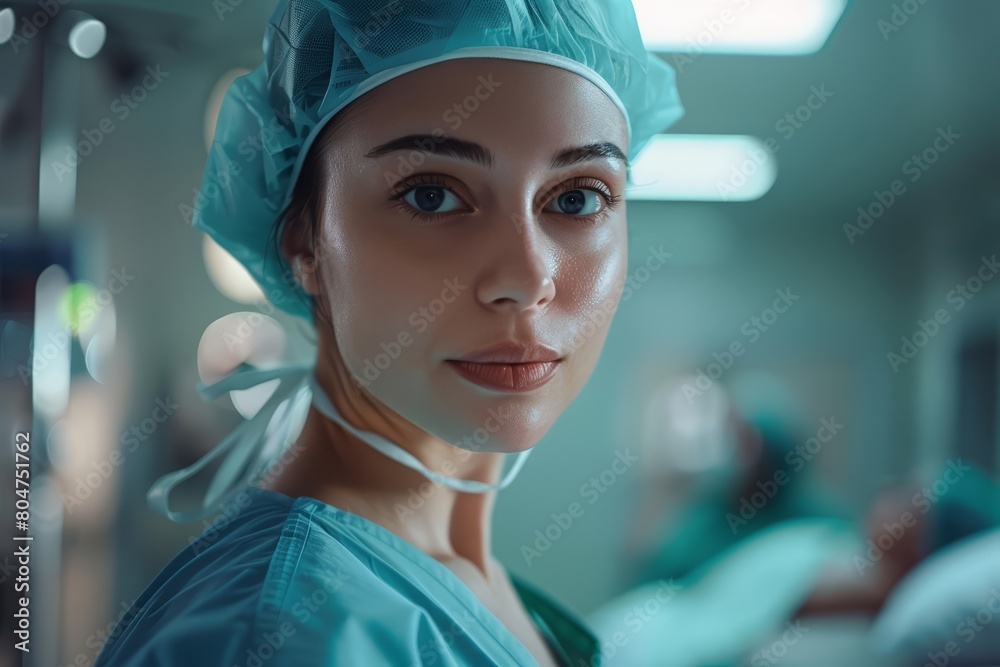 A young female doctor or nurse wearing blue scrubs is looking at the camera with a serious expression. She is standing in a hospital setting. A young female doctor or nurse wearing blue scrubs is looking at the camera with a serious expression. She is standing in a hospital setting.