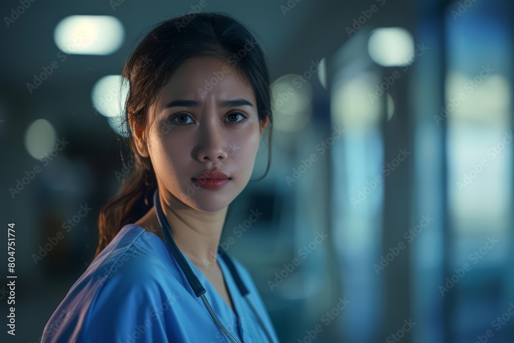A young female doctor or nurse wearing blue scrubs is looking at the camera with a serious expression. She is standing in a hospital setting. A young female doctor or nurse wearing blue scrubs is looking at the camera with a serious expression. She is standing in a hospital setting.