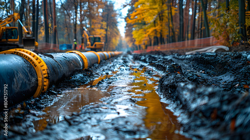 gas and oil pipeline construction. Pipes welded together. The big pipeline is under construction.