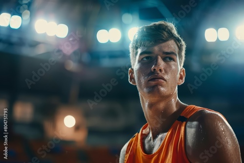 Close-up portrait of a determined young male basketball player looking away,Han Shui Cong Ta De Lian Shang Liu Xia ,Deng Guang Zai Ta Zhou Wei Shan Yao . photo
