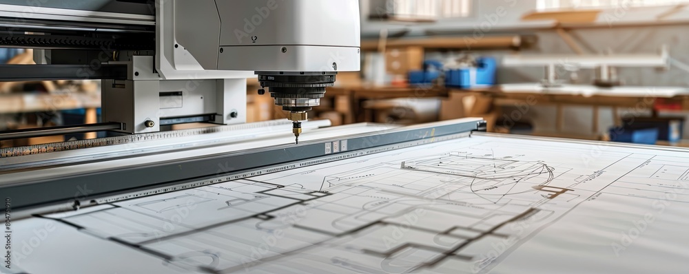 Interior of an architect's office with detailed blueprint on plotter ...