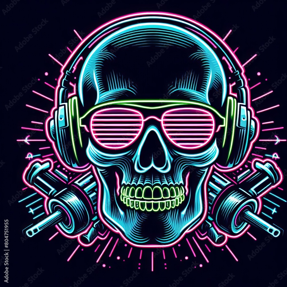 Skull artwork fashion t-shirt print emblem or grange sticker, optical illusion gradient lines striped shape hipster logo black background