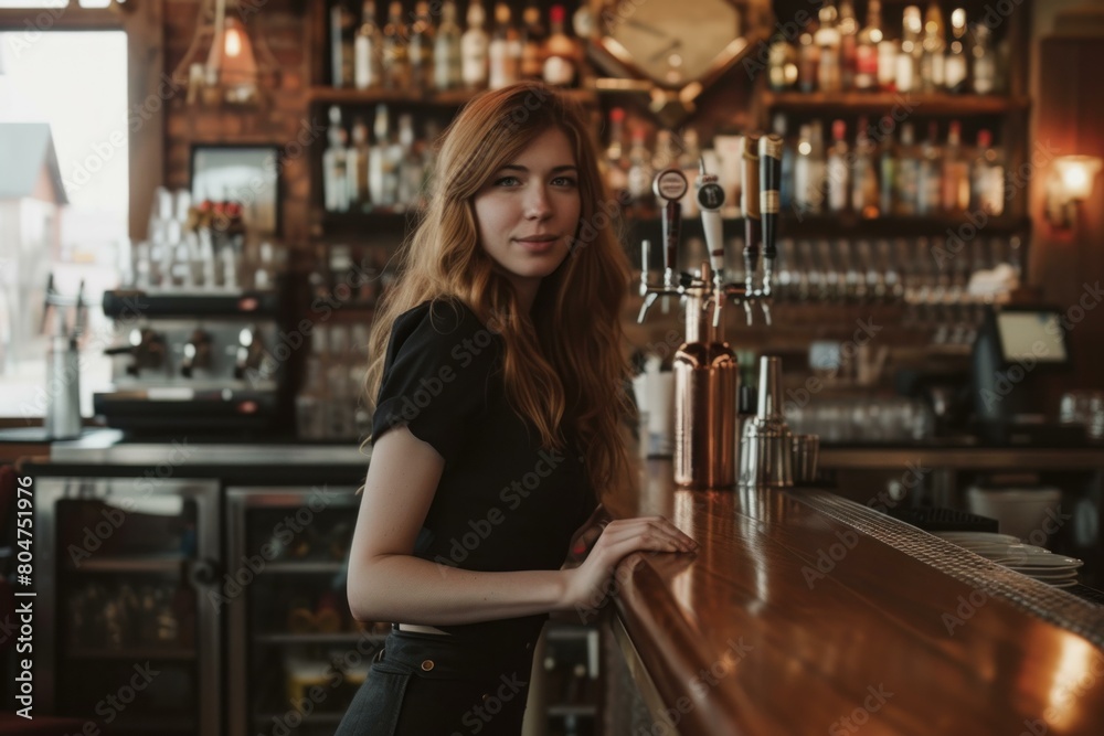 Diligent Woman red hair bartender. Making bar cocktail. Generate Ai