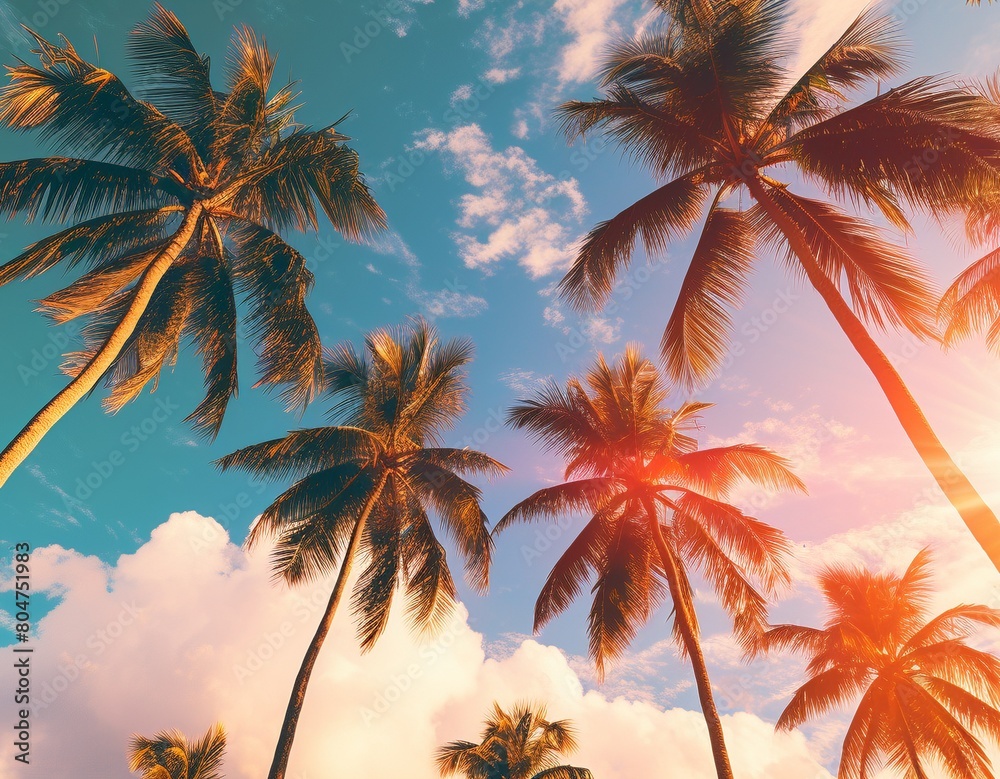 Palm trees in front of sunset sky, vintage colors