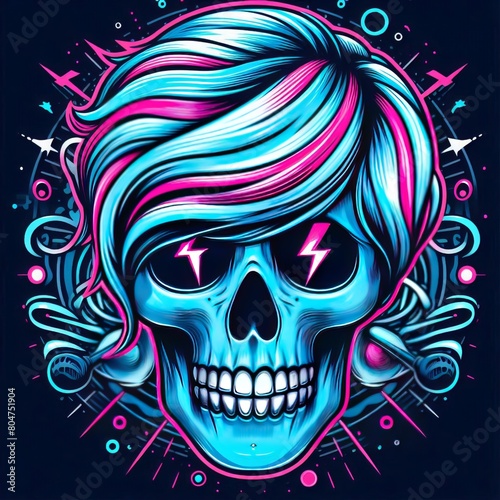 Skull artwork fashion t-shirt print emblem or grange sticker  optical illusion gradient lines striped shape hipster logo black background