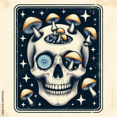 Skull artwork fashion t-shirt print emblem or grange sticker, optical illusion gradient lines striped shape hipster logo black background