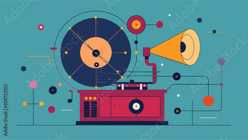 An abstract representation of a record player patent from the 1920s showcasing the delicate balance of the needle and its tracking mechanism. Vector illustration