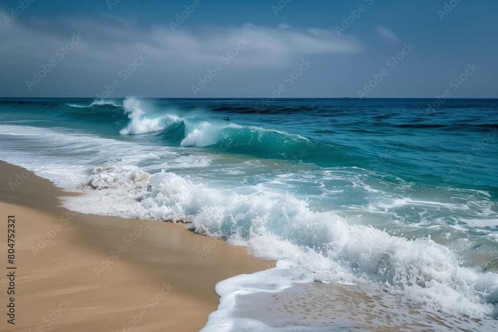 Ocean waves crash onto the shore forming breaks of water. Crashing waves on a sandy beach under a clear blue sky Ocean waves crash onto the shore forming breaks of water. Crashing waves on a sandy beach under a clear blue sky