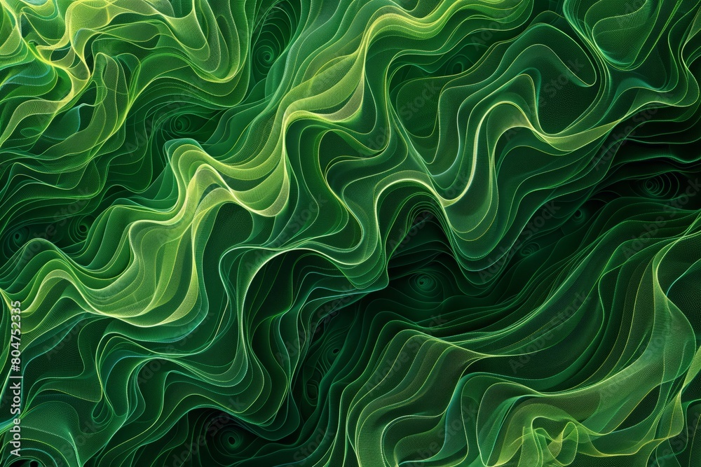 Fototapeta premium Fluid green waves with intricate swirling patterns. Organic green lines in abstract pattern for wallpaper background.