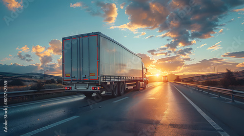 Cargo truck driving through landscape at sunset
