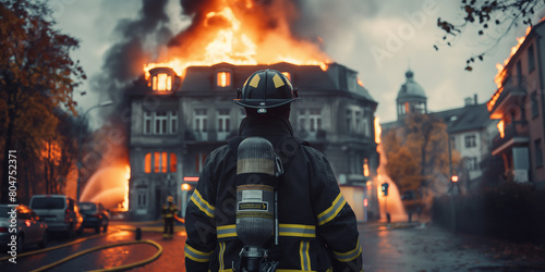 Intense image of a firefighter in full gear facing a massive building fire, highlighting the heroism and danger of firefighting in urban settings.